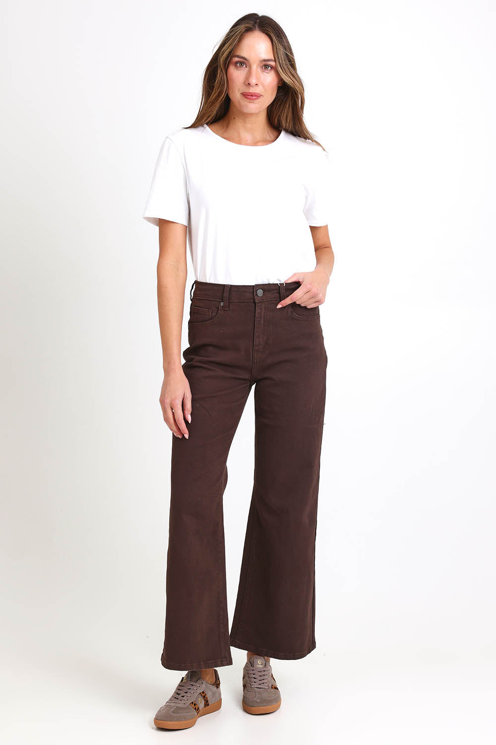 Model Madelinec wearing size 10 of the Elsie High-Waisted Wide Leg Jean - Chocolate in colour Chocolate, from the front