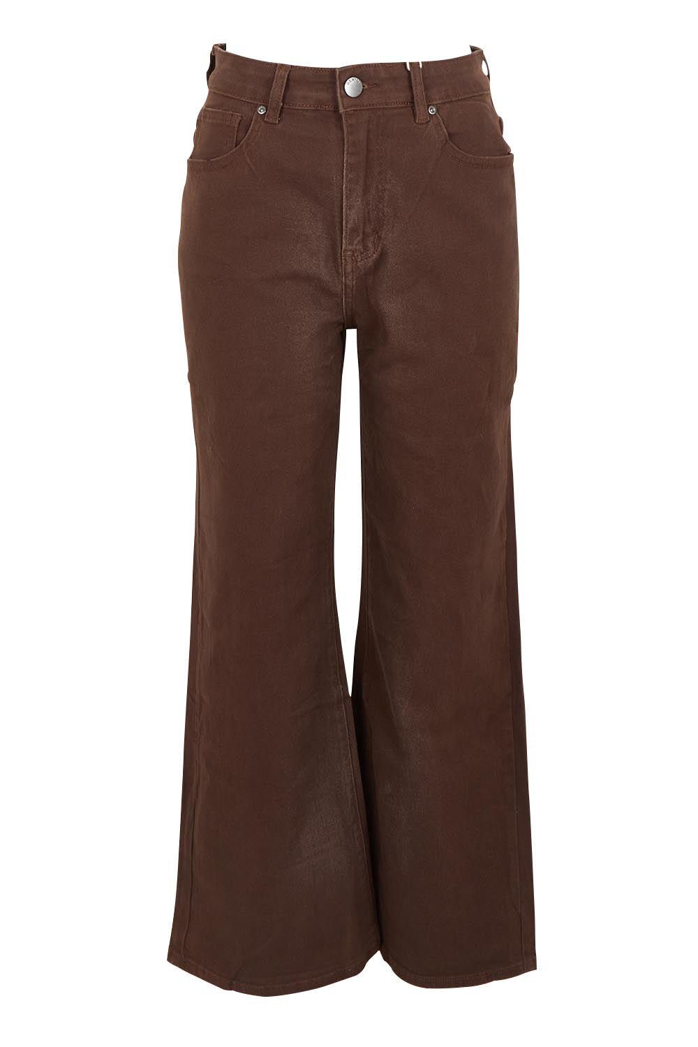 Product shot of the Elsie Highin colourWaisted Wide Leg Jean - Chocolate, from the front