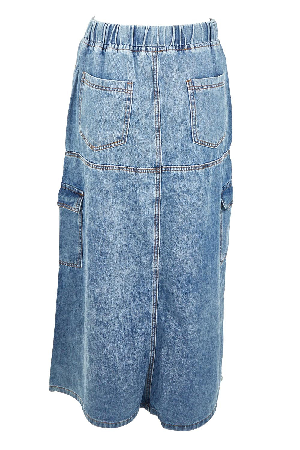 Product shot of the Millie Pull On Denim Skirt in colour Denim (Blue), from the back