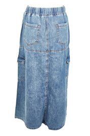 Product shot of the Millie Pull On Denim Skirt in colour Denim (Blue), from the back