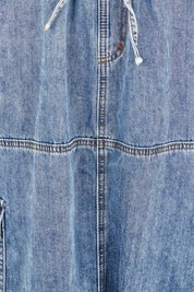 Product shot of the Millie Pull On Denim Skirt in colour Denim (Blue), detail