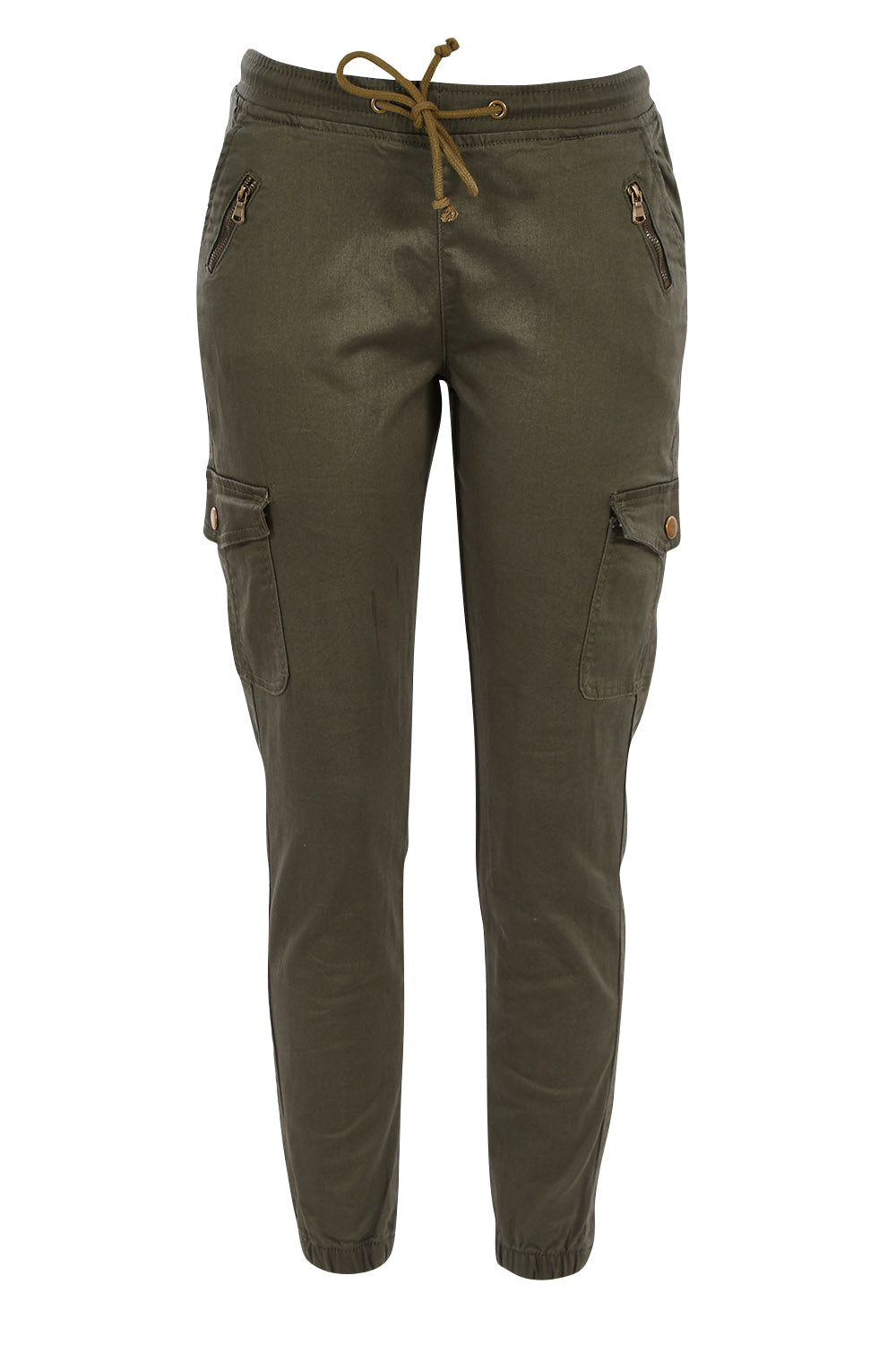Product shot of the Harlow Cargo Jogger in colour Khaki (Green), from the front