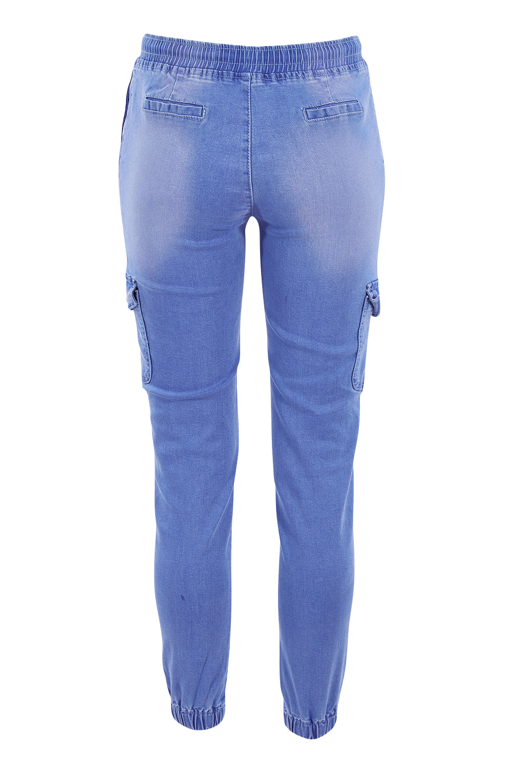 Product shot of the Harlow Cargo Jogger in colour Middenim (Blue), from the back