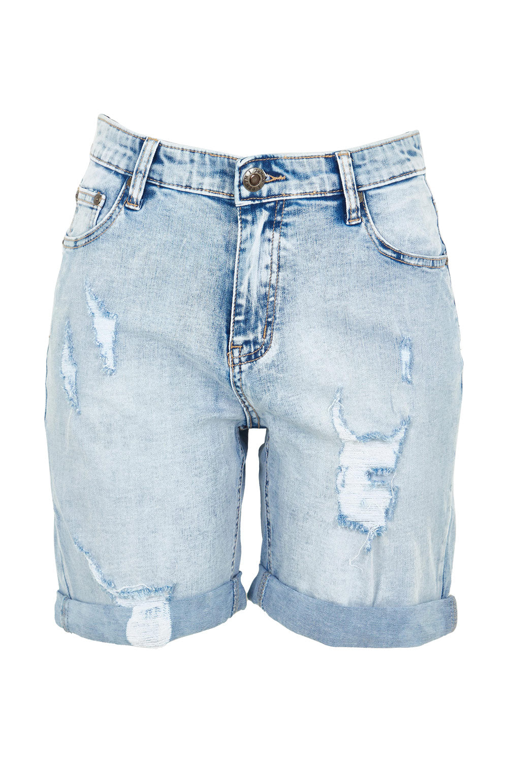 Product shot of the Cindy Highin colourWaisted Distressed Shorts - Lightdenim (Blue), from the front
