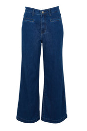 Product shot of the Hayley Highin colourWaisted Wide Leg Jean - Darkdenim (Blue), from the front