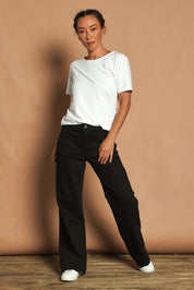 Model Katie wearing size 10 of the Katie Highin colourWaisted Front Pocket Wide Leg Jean - Black (Black), from the front, showing the whole outfit