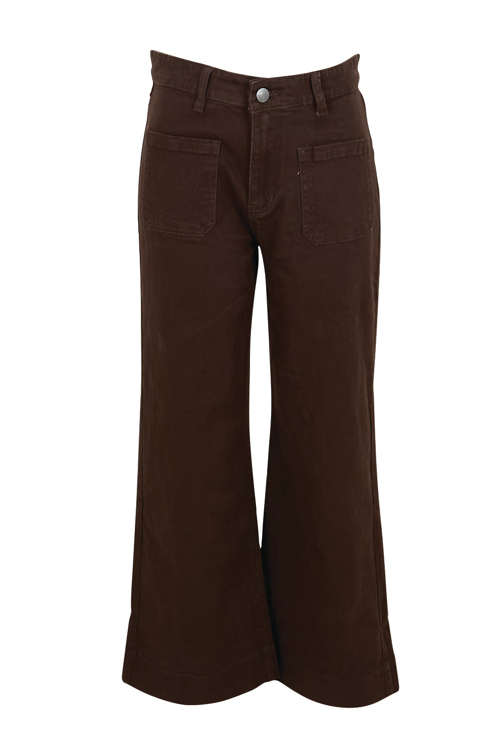 Product shot of the Katie High-waisted Front Pocket Wide Leg Jean - Chocolate in colour Chocolate, from the front