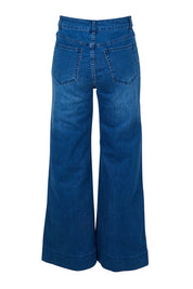 Product shot of the Katie Highin colourWaisted Front Pocket Wide Leg Jean - Darkdenim (Blue), from the back