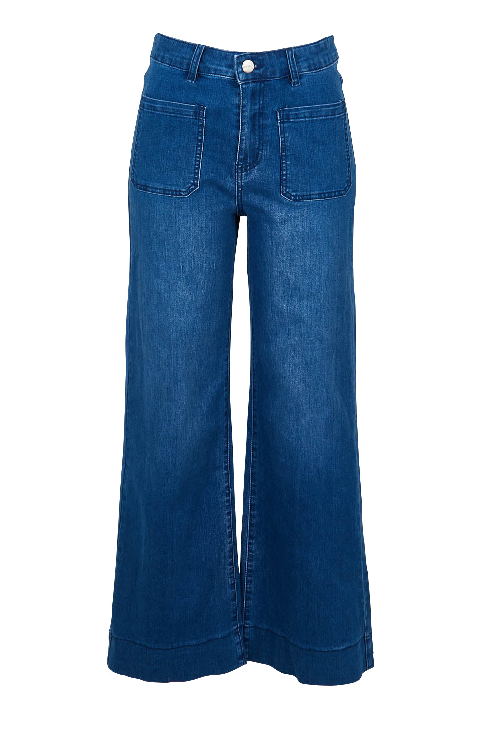 Product shot of the Katie Highin colourWaisted Front Pocket Wide Leg Jean - Darkdenim (Blue), from the front