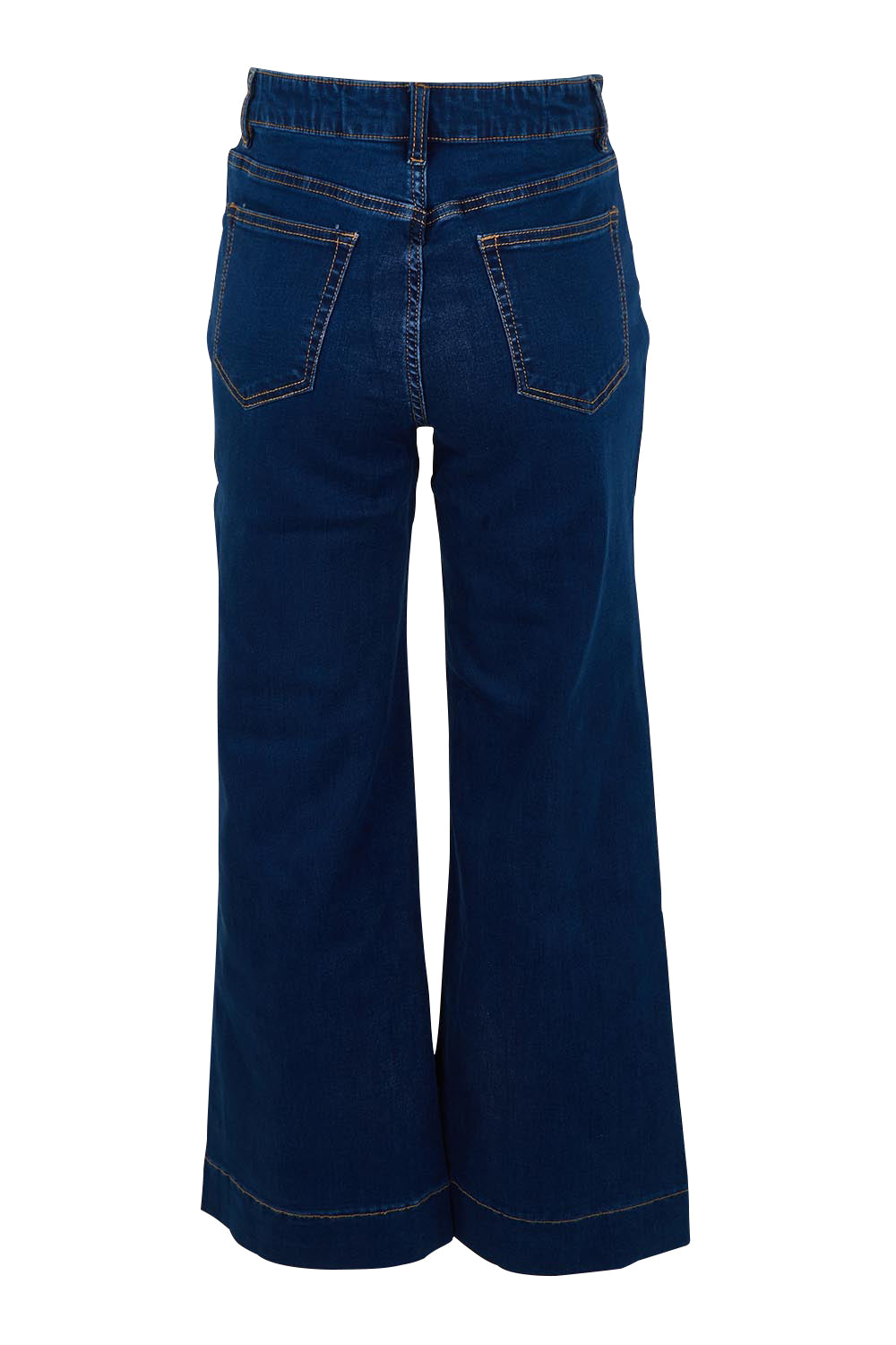 Product shot of the Katie Highin colourWaisted Front Pocket Wide Leg Jean - Indigoden (Blue), from the back