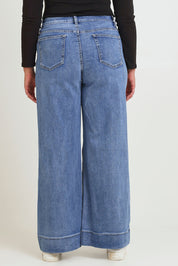 Model Chanel wearing size 16 of the Katie Highin colourWaisted Front Pocket Wide Leg Jean - Lightdenim (Blue), from the back