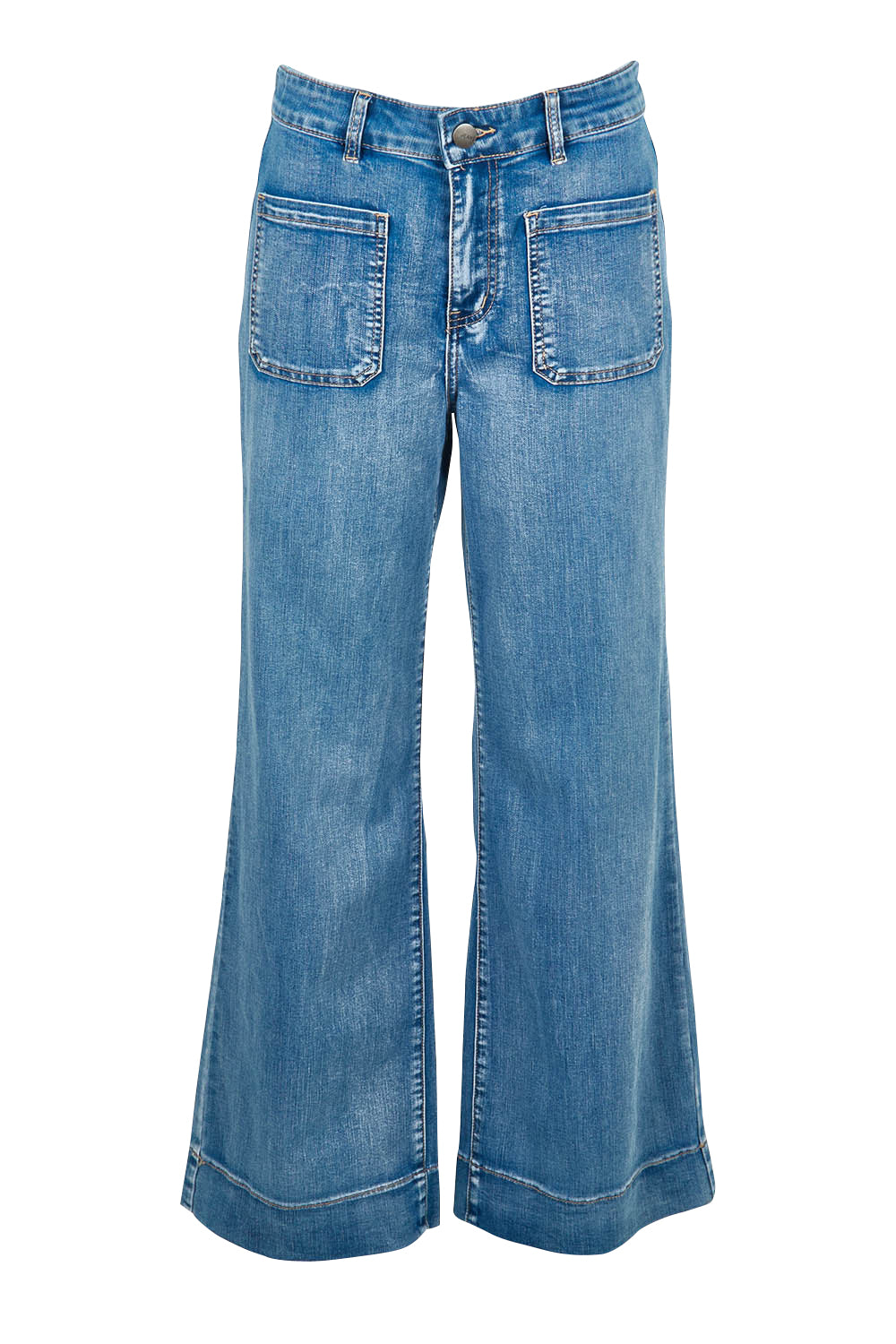 Product shot of the Katie Highin colourWaisted Front Pocket Wide Leg Jean - Lightdenim (Blue), from the front