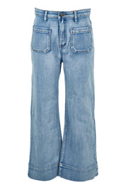 Product shot of the Katie Highin colourWaisted Front Pocket Wide Leg Jean - Paledenim (Blue), from the front