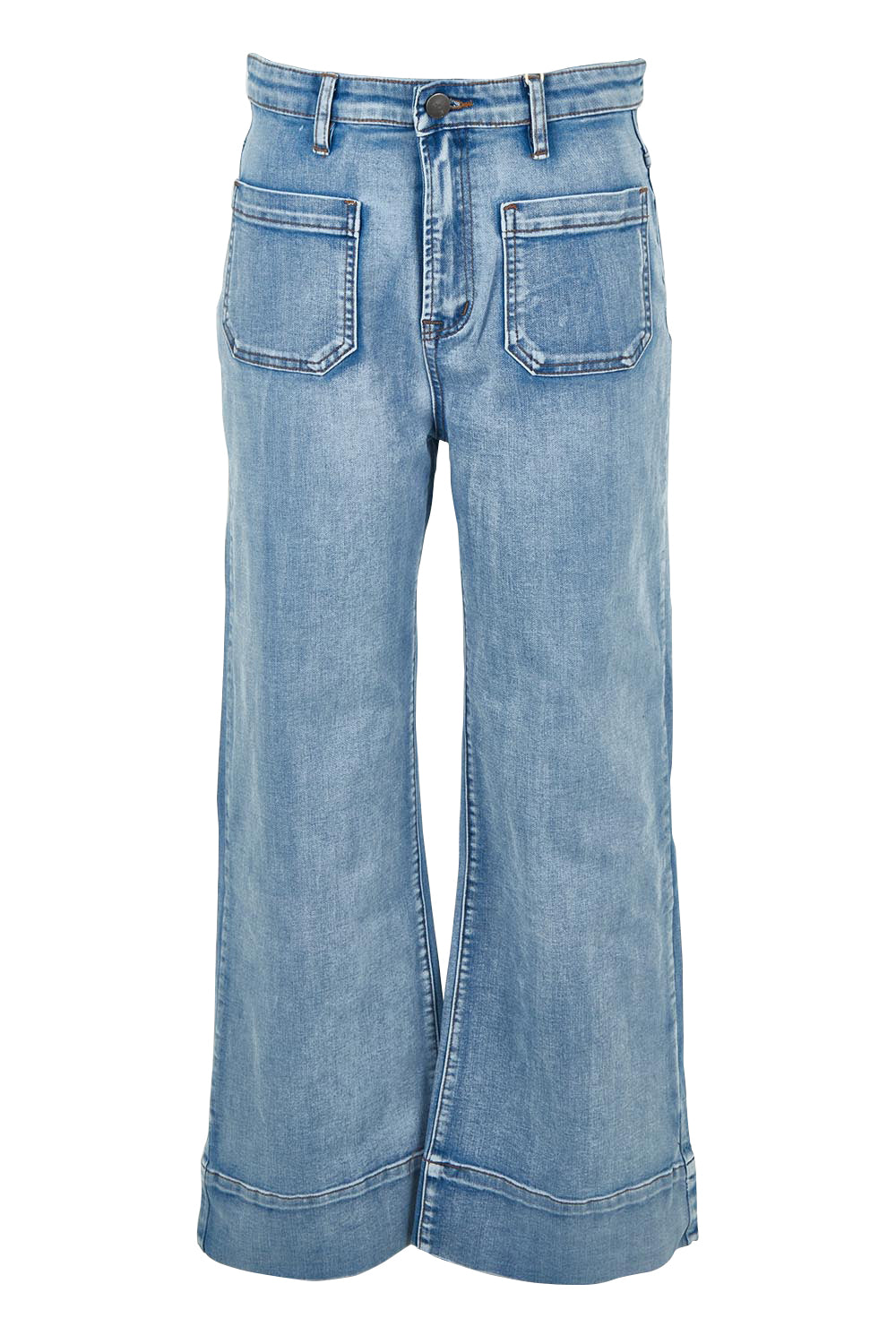 Product shot of the Katie Highin colourWaisted Front Pocket Wide Leg Jean - Paledenim (Blue), from the front