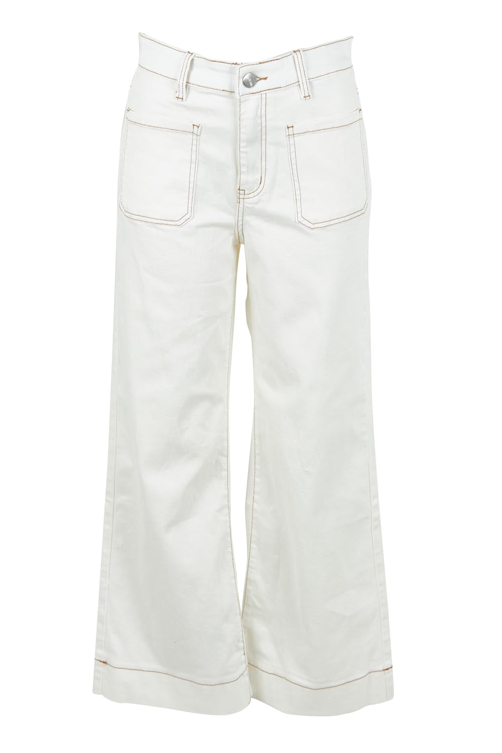 Product shot of the Katie Highin colourWaisted Front Pocket Wide Leg Jean - Whitstitch (White), from the front