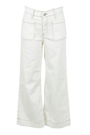 Product shot of the Katie Highin colourWaisted Front Pocket Wide Leg Jean - Whitstitch (White), from the front