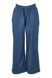 Product shot of the Maya Wide Leg Drawstring Jean in colour Middenim (Blue), from the front