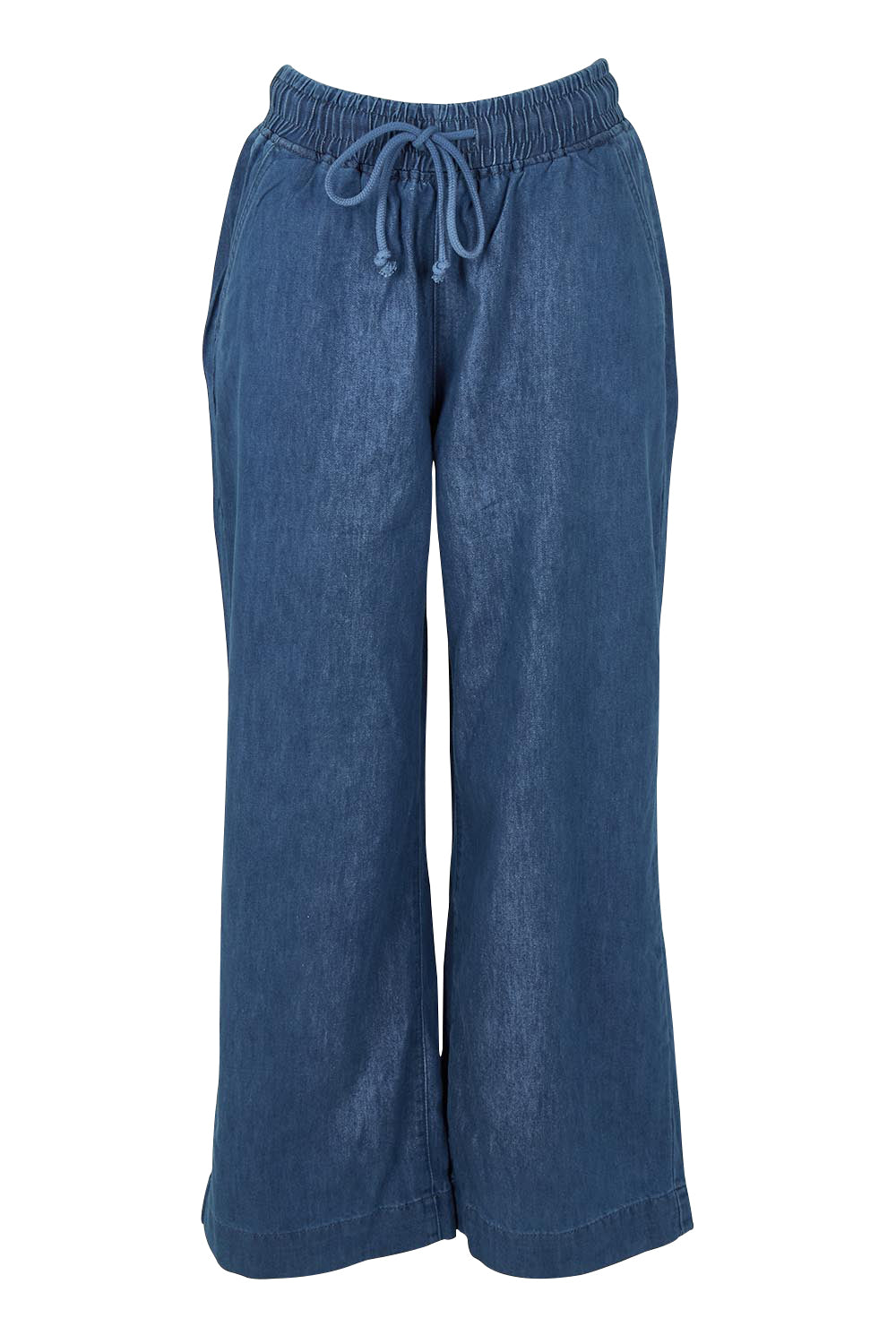 Product shot of the Maya Wide Leg Drawstring Jean in colour Middenim (Blue), from the front