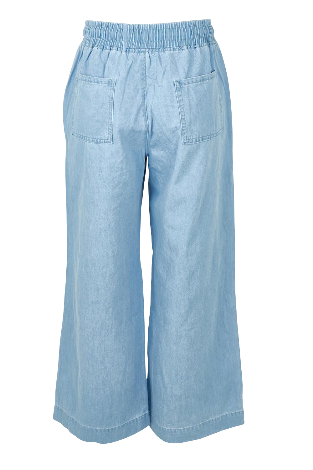 Product shot of the Maya Wide Leg Drawstring Jean in colour Paledenim (Blue), from the back