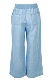 Product shot of the Maya Wide Leg Drawstring Jean in colour Paledenim (Blue), from the back