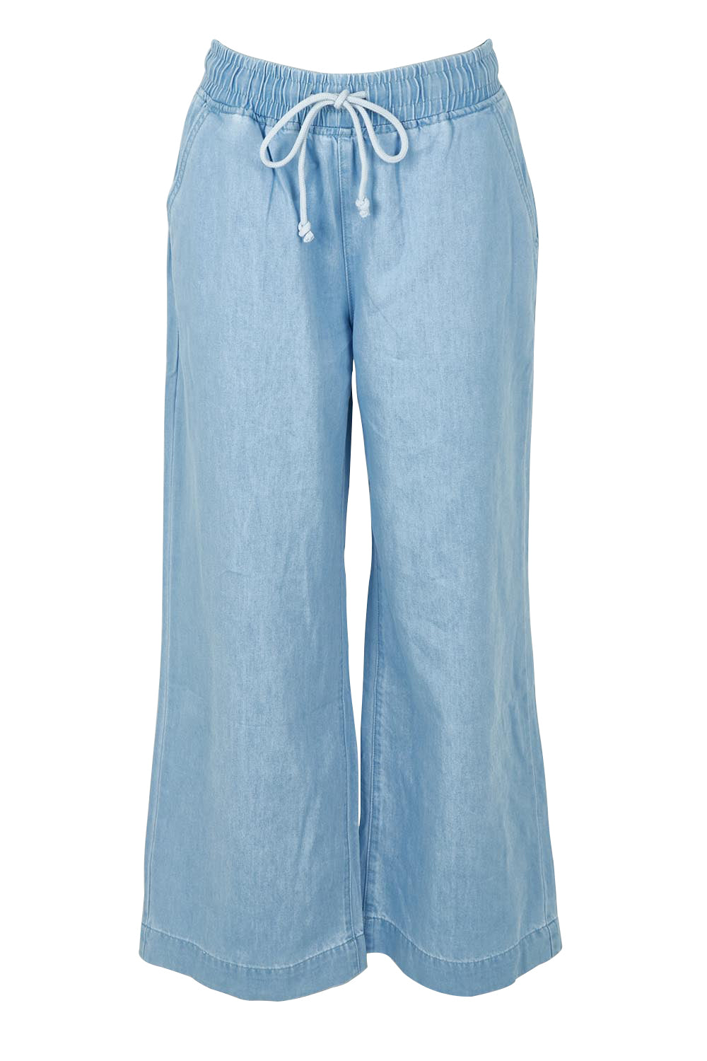 Product shot of the Maya Wide Leg Drawstring Jean in colour Paledenim (Blue), from the front