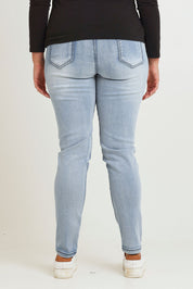 Model Chanel wearing size 16 of the Paige Pull On Jean in colour Lightblue (Blue), from the back