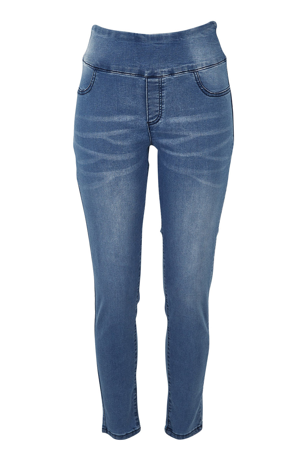 Product shot of the Paige Pull On Jean in colour Midblue (Blue), from the front