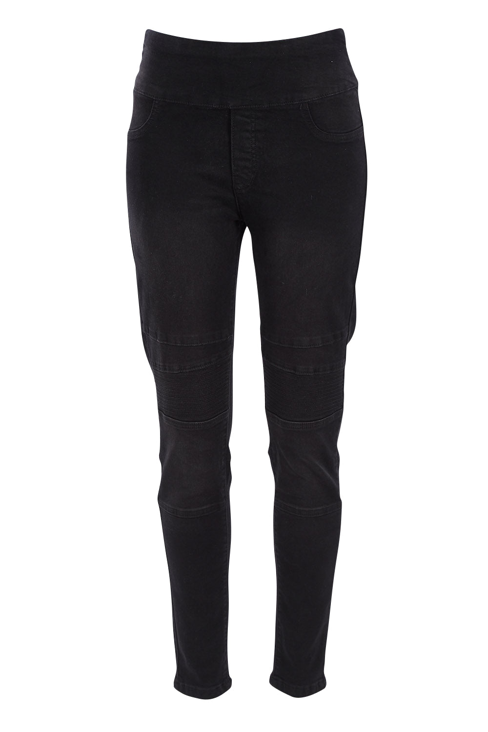 Product shot of the River Ribbed Pull On Jean in colour Black (Black), from the front
