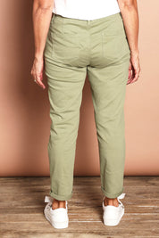 Model Sandy wearing size 10 of the Robin Drawstring Pull On Pant in colour Khaki (Green), from the back