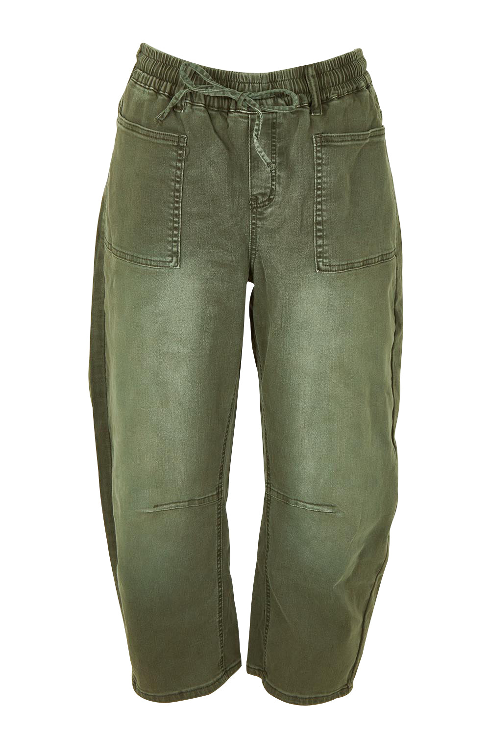 Product shot of the Rubi Pocket Barrel Jean in colour Khakiwash (Green), from the front
