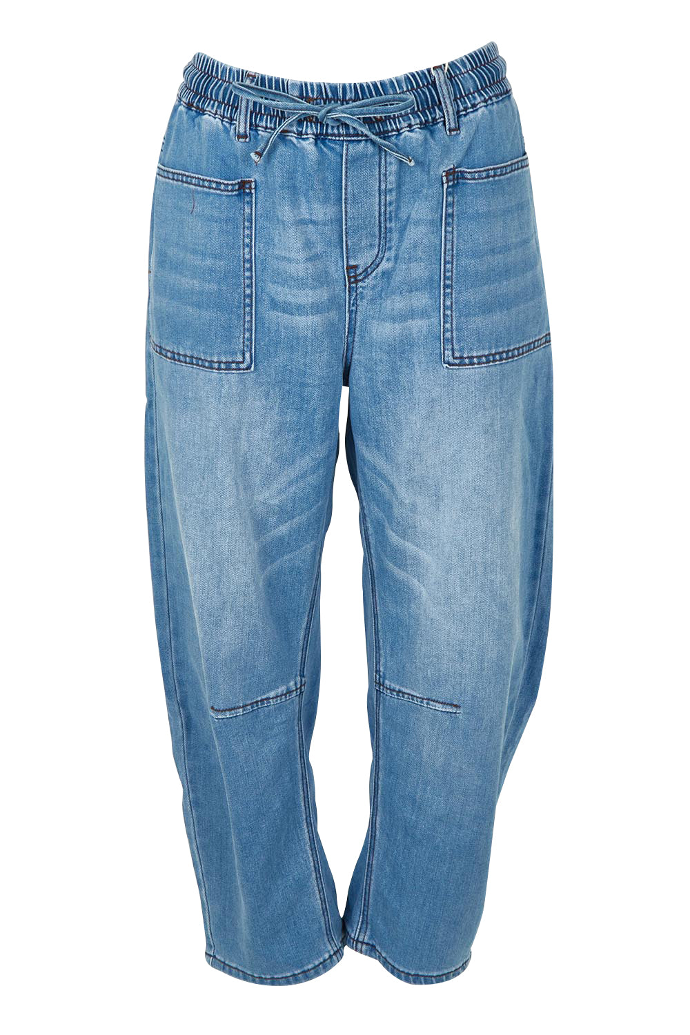 Product shot of the Rubi Pocket Barrel Jean in colour Lightdenim (Blue), from the front