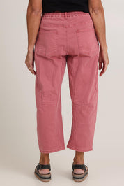 Model Sandy wearing size 10 of the Rubi Pocket Barrel Jean in colour Red (Red), from the back