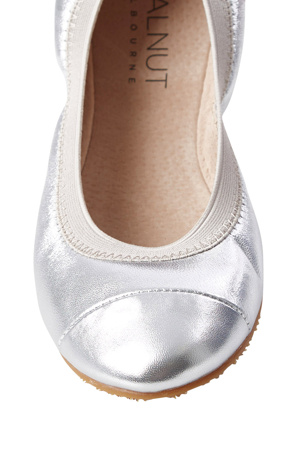 Product shot of the Ava Leather Flat in colour Silver (Metallics), detail