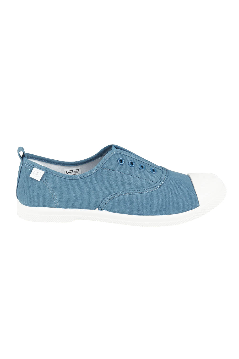 Product shot of the Euro Plimsole in colour Denim (Blue), from the front