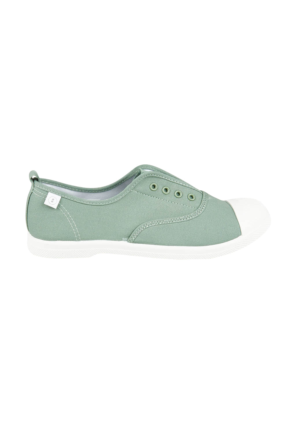Product shot of the Euro Plimsole in colour Sage (Green), from the front