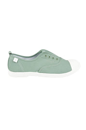 Product shot of the Euro Plimsole in colour Sage (Green), from the front