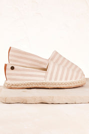 A model wearing size 37 of the Georgie Stripe Espadrille in colour TaupeStri, from the front, showing the whole outfit