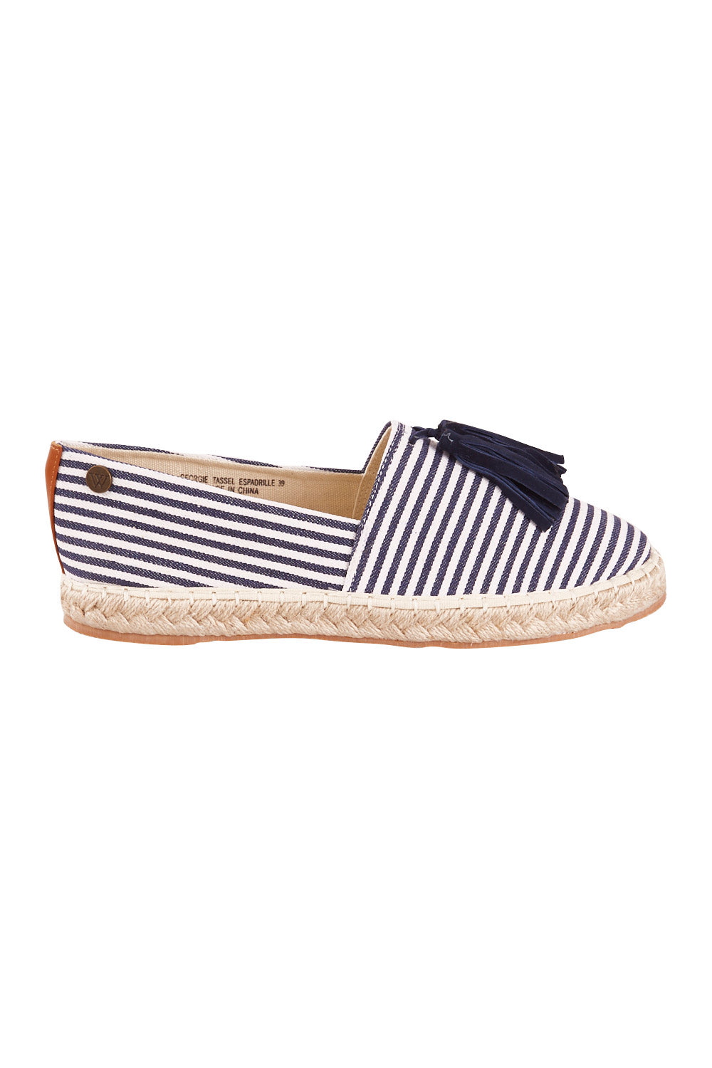 Product shot of the Georgie Tassel Espadrille in colour NavyStrip (Blue), from the front