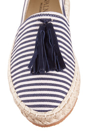 Product shot of the Georgie Tassel Espadrille in colour NavyStrip (Blue), from the front