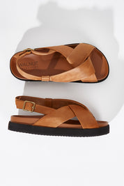 A model wearing size 37 of the Mya Leather Slide in colour Tan, from the front, showing the whole outfit