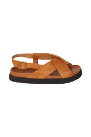 Product shot of the Mya Leather Slide in colour Tan, from the front