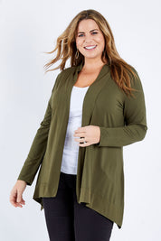 Model Fiona wearing size XL of the Long Sleeve Drape Bamboo Cardi in colour Olive (Green), from the front, cropped image