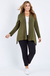 Model Fiona wearing size XL of the Long Sleeve Drape Bamboo Cardi in colour Olive (Green), from the front, showing the whole outfit