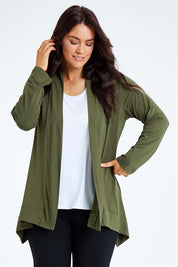Model Laura wearing size L of the Long Sleeve Drape Bamboo Cardi in colour Olive (Green), from the front, cropped image
