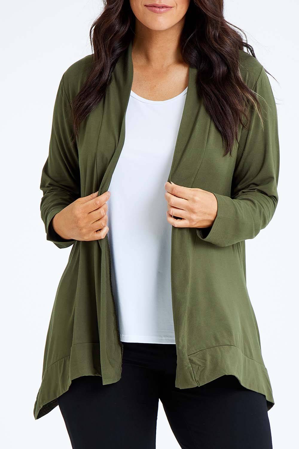 Model Laura wearing size L of the Long Sleeve Drape Bamboo Cardi in colour Olive (Green), from the front, cropped image