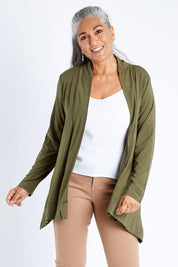 Model Nadine wearing size S of the Long Sleeve Drape Bamboo Cardi in colour Olive (Green), from the front, cropped image