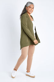 Model Nadine wearing size S of the Long Sleeve Drape Bamboo Cardi in colour Olive (Green), from the front, showing the whole outfit