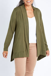 Model Nadine wearing the Long Sleeve Drape Bamboo Cardi in colour Olive (Green), from the front, cropped image
