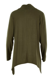 Product shot of the Long Sleeve Drape Bamboo Cardi in colour Olive (Green), from the back