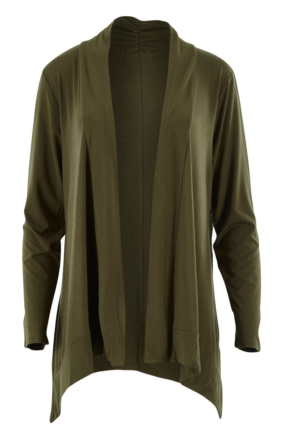 Product shot of the Long Sleeve Drape Bamboo Cardi in colour Olive (Green), from the front